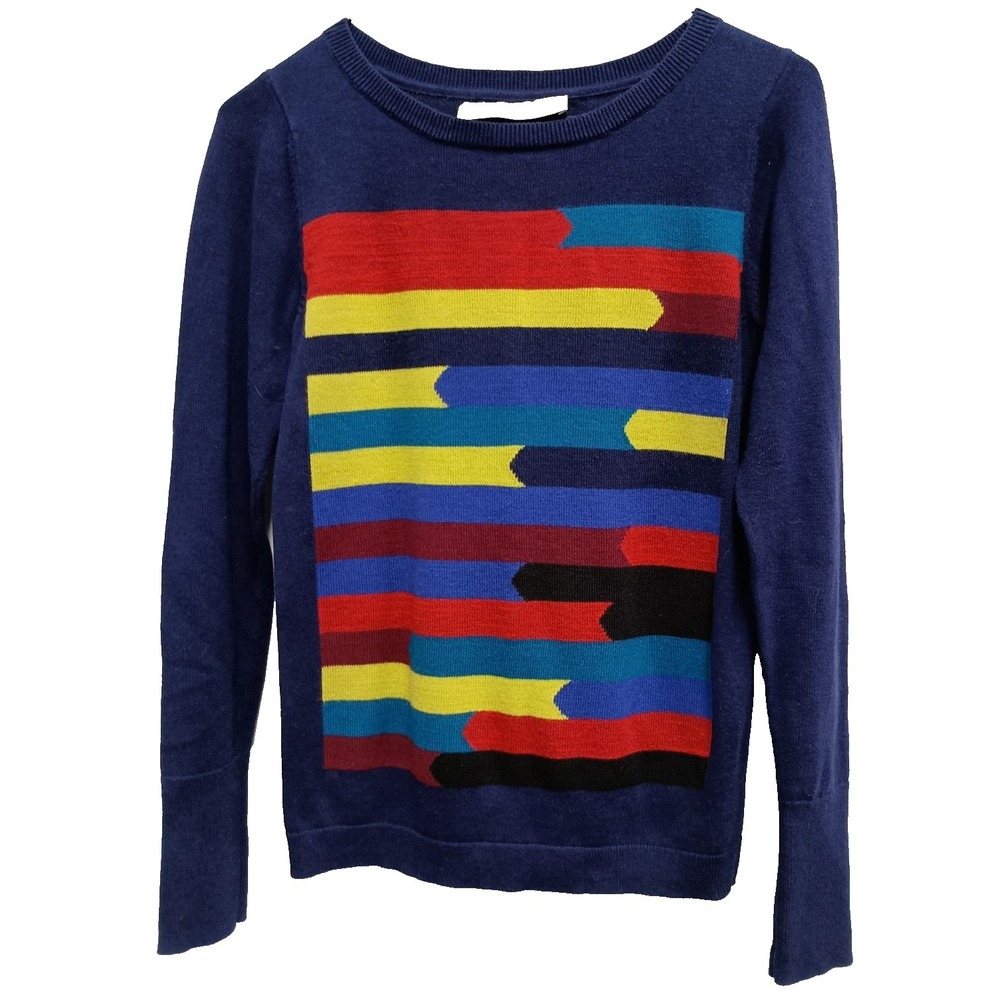 Vintage 90s Euro Flash Sweater Womens Small Navy Rainbow Retro Pullover
